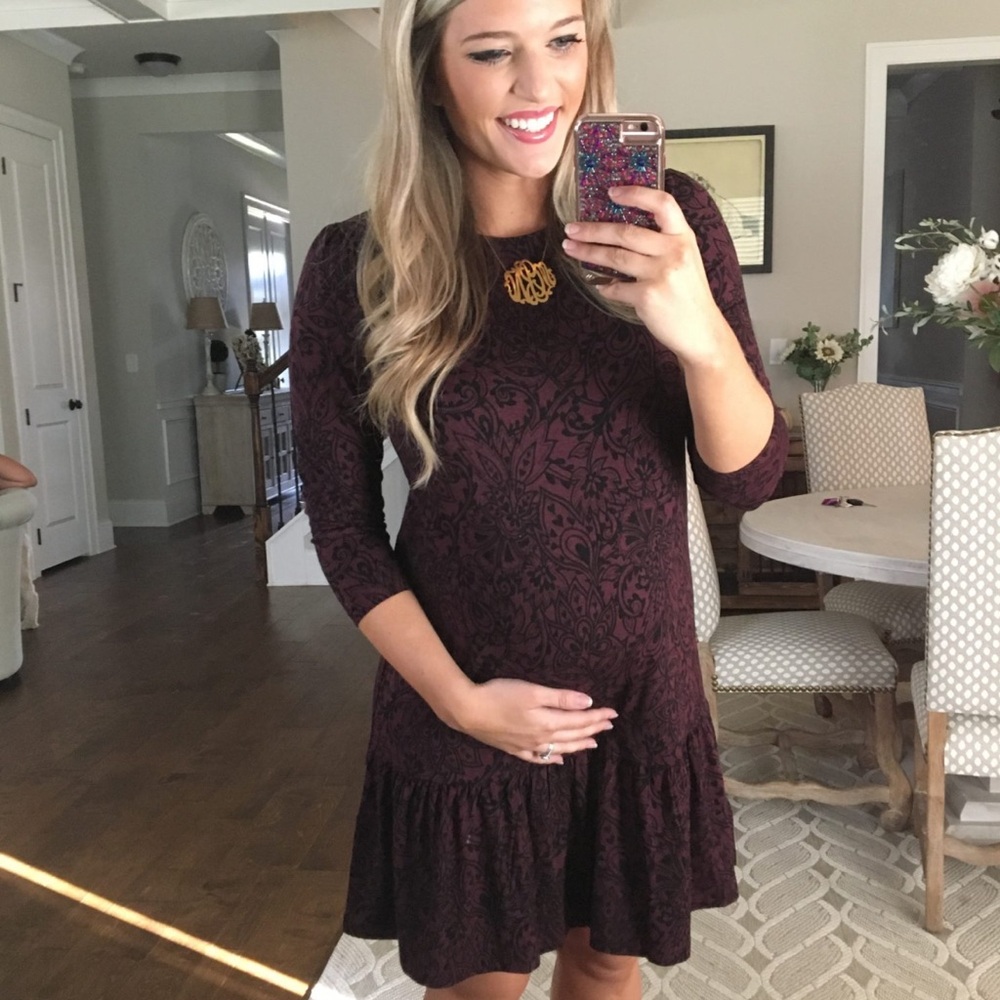 LOFT Burgundy and Black Flounce Dress